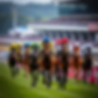 Thrill of Thoroughbreds Racing A vibrant scene of thoroughbreds racing down the track, capturing the thrill of the sport.