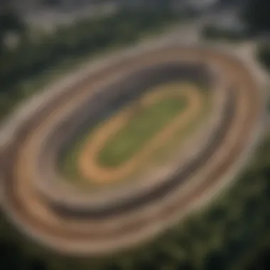 Aerial view of a historic horse racing track showcasing its unique design