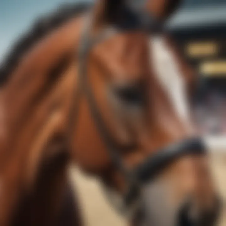 A close-up of a thoroughbred racehorse ready to compete, emphasizing the sport's intensity