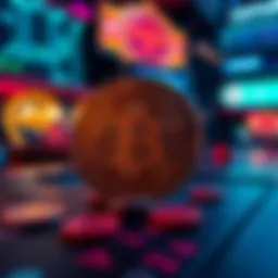 Cryptocurrency symbols interwoven with gaming elements.