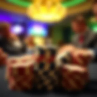 Close-up of poker chips stacked high in anticipation