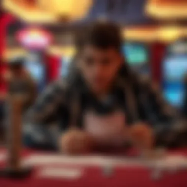 An individual thoughtfully analyzing scratch-off ticket strategies at a table.