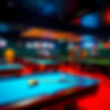 A vibrant view of the billiards tables at Boston Billiards