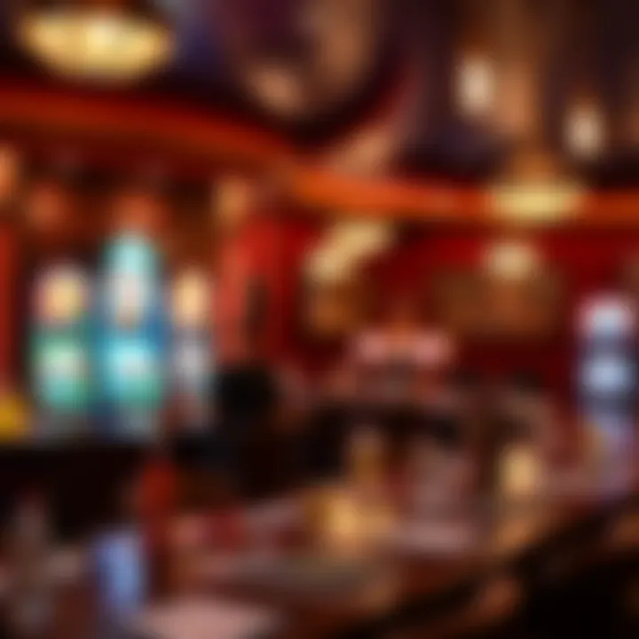 A bustling bar area within a casino featuring a selection of drinks and a lively atmosphere.