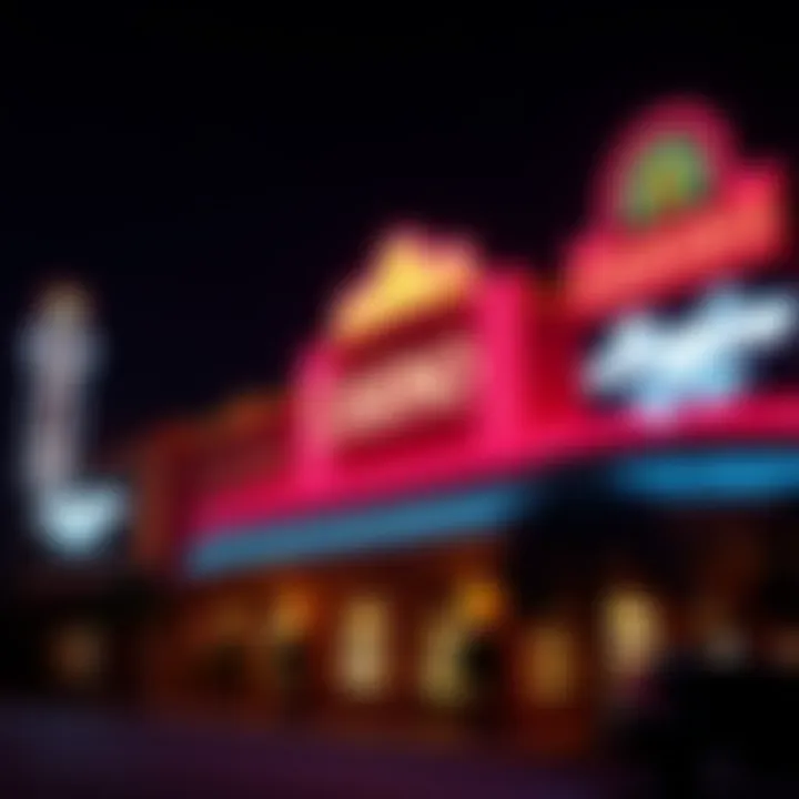 Exterior view of a prominent Tucson casino showcasing its neon lights at night.