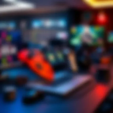 Modern Online Gaming Environment Stylish online gaming setup featuring a laptop and gaming accessories