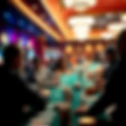 A vibrant poker tournament setting with players engaged at tables