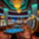 An elegant casino setting showcasing a variety of gaming tables and slot machines