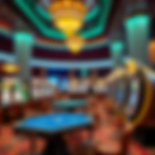 An elegant casino setting showcasing a variety of gaming tables and slot machines