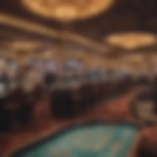 A panoramic view of a bustling casino floor showcasing various gaming tables and slot machines.