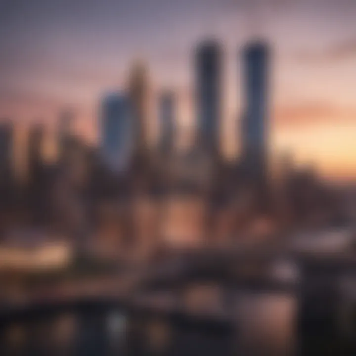 The iconic skyline of New York City at dusk with a lit casino in the foreground.