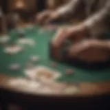 A vintage poker table set with classic playing cards and chips