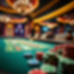 An intricate view of a casino gaming table with colorful chips