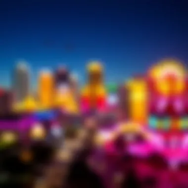 A colorful depiction of Miami's skyline with casinos illuminated at night