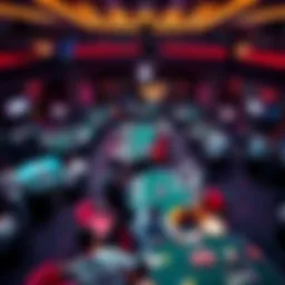 An aerial view of a bustling poker tournament venue filled with enthusiastic players and spectators.
