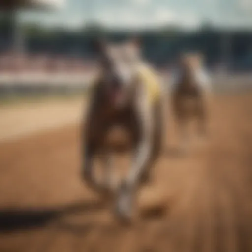 A greyhound racing on a track, showcasing speed and agility