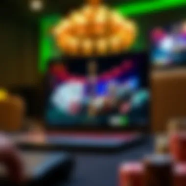 A close-up of a gaming laptop with casino graphics