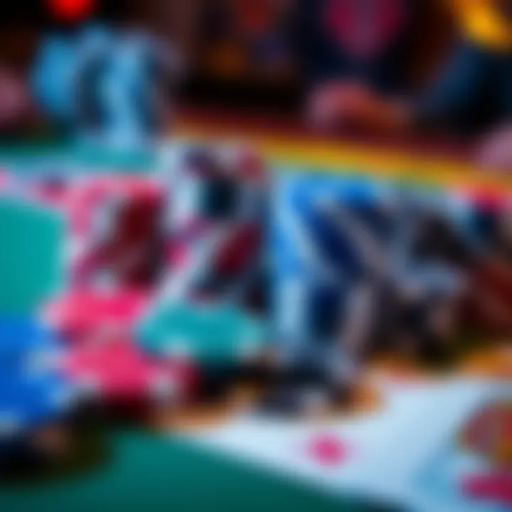 A close-up of poker chips and playing cards on a table.