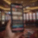 A dynamic view of a Las Vegas casino floor showcasing gambling apps on mobile devices.