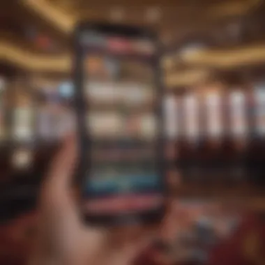 A dynamic view of a Las Vegas casino floor showcasing gambling apps on mobile devices.