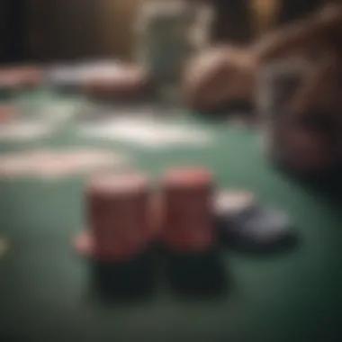 Close-up of poker chips and cards on the table