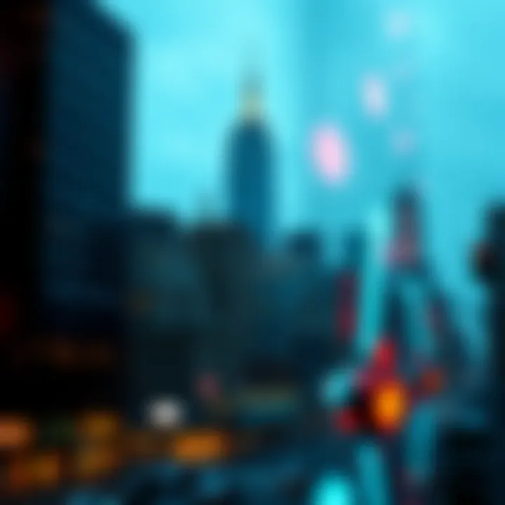 An urban skyline representing New York City with digital betting elements