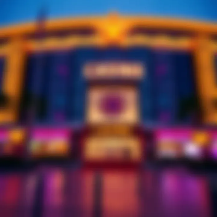 The exterior of a modern casino showcasing vibrant lights and architecture