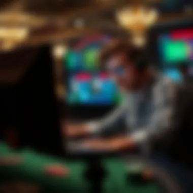 A player analyzing poker strategies on a computer