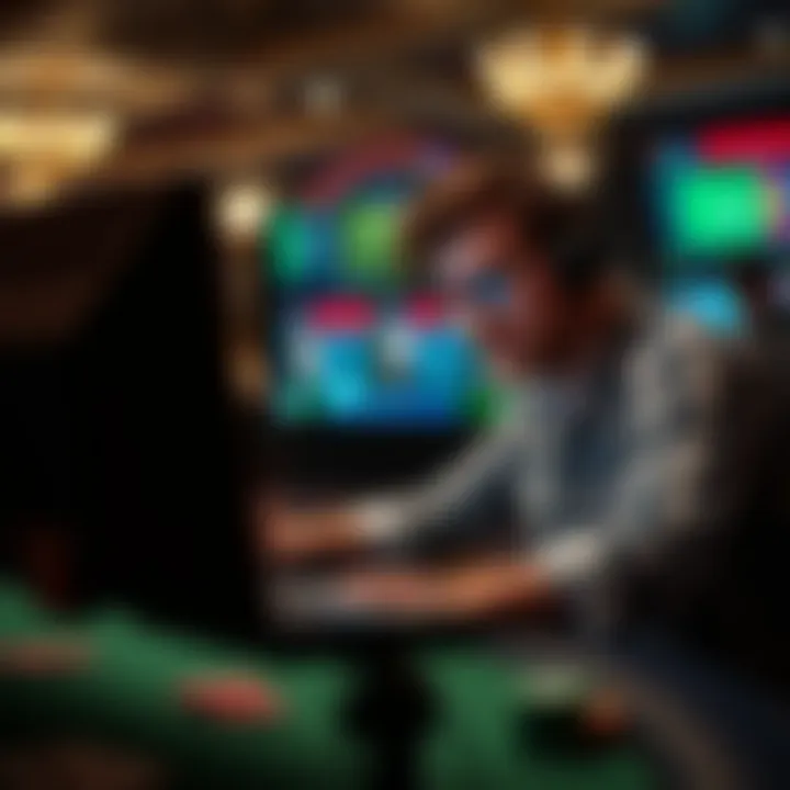 A player analyzing poker strategies on a computer