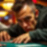 Close-up of a poker player's intense gaze at the table, revealing concentration and focus.