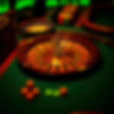 An overview of a roulette table with chips placed on various bets
