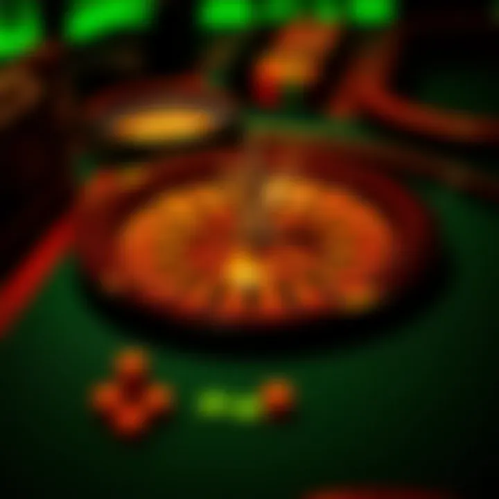 An overview of a roulette table with chips placed on various bets