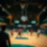 Basketball court with teams in action