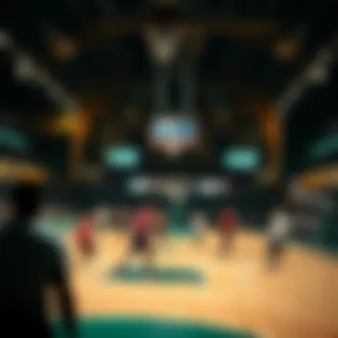 Basketball court with teams in action